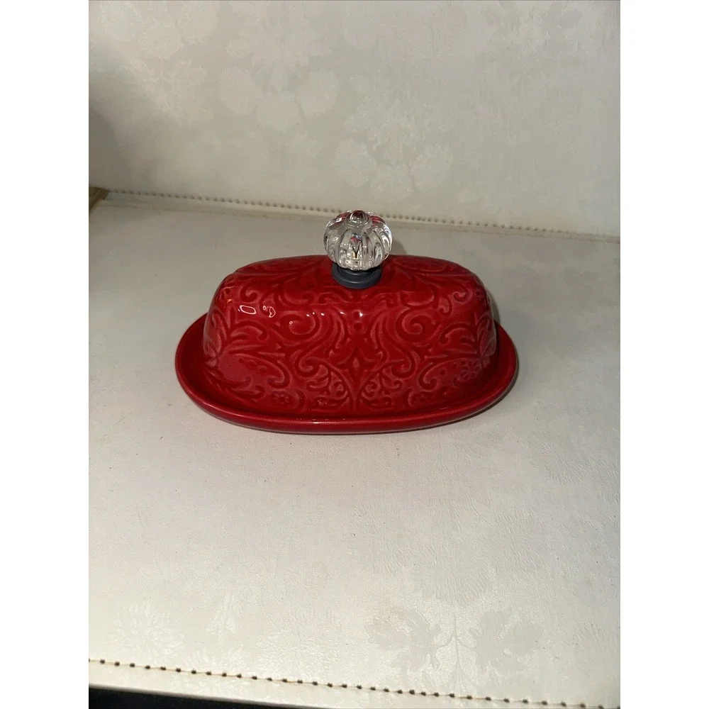 Dolly Parton Red Stoneware Butter Dish Christmas Farmhouse Kitchenware Knob Top